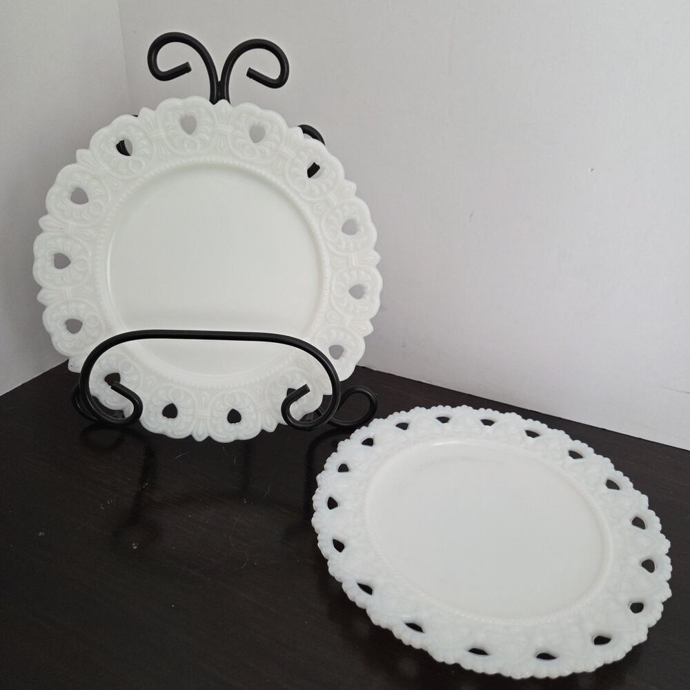 Lot of 2 Vtg Milk Glass Plates Open Lace Edge Heart Fleur-de-Lis Westmoreland
